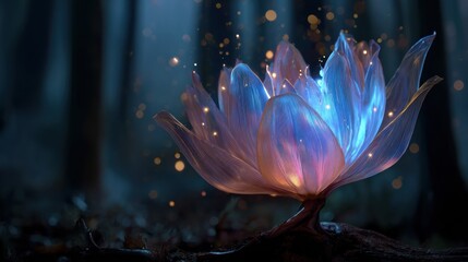 Enchanted bloom: A luminous flower with magical lights in a mystical dark forest