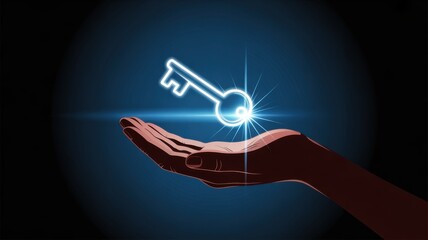 Illuminated Key in Hand: A radiant, glowing key hovers above an open hand, emanating light, symbolizing access, security, and opportunity against a backdrop of deep blue. 