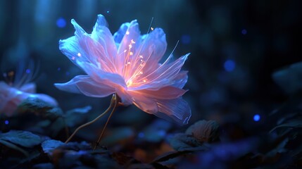 Luminous ethereal flower glowing softly in a dark enchanted forest setting creating a magical and