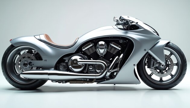 Futuristic silver motorcycle exposed engine, chrome details, sleek design. Powerful concept bike features smooth lines, advanced engineering for high-speed travel. Modern marvel of automotive art,