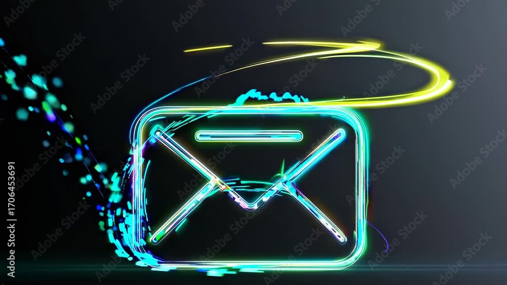 Poster futuristic neon email icon with dynamic light trails, captured from a front angle. perfect for tech-