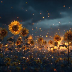 Enchanting sunflower field at twilight with ethereal glowing lights for a magical scene
