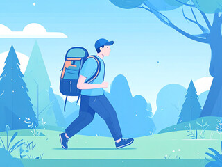 Flat Design Hiker Walking in Forest