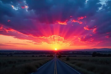 Vibrant hues paint the sky as the sun dips below the horizon, creating a breathtaking spectacle of color and light Perfect for travel, nature, and landscape projects , beautiful, evening, majestic