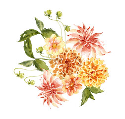 Watercolor Hand Painted Beautiful Dahlias Floral Bouquet and Composition with Green Leaves, Flowers Arrangement