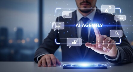 AI Agently Business Professional Interacting with Futuristic Interface