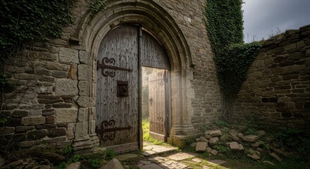 Fototapeta premium Ancient Stone Gateway Leading to a Sunlit Hidden Courtyard Mystery Unveiled