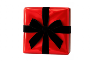 Red gift box wrapped with black ribbon on transparent background