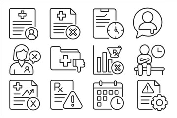 Medical Icons Set. Line style icons of medical complaints: hospital service report, misdiagnosis icon, delayed care form,