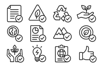 Eco Project Approval Icons. Line style icons of environmental project approvals: permit approved paper, green alert eco symbol,