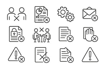 Rejected Business Icons. Line style icons of business proposal rejections: declined partnership, rejected pitch deck, no synergy