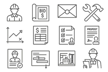 Construction Bidding Icons. Line style icons of construction project bidding: contractor document, blueprint with bid icon, sealed