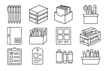 Stationery Line Icons. Line style icons of wholesale stationery and office supply: bulk pens pack, paper ream stacks, box of