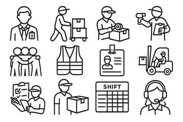 Warehouse Personnel Icons. Line style icons of warehouse personnel: warehouse manager badge, picker with bin cart, packer sealing