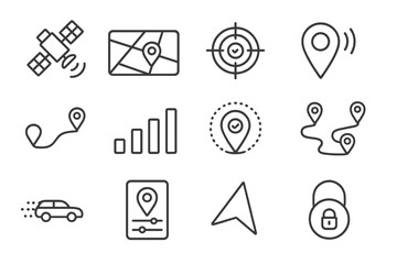 GPS Tracking Icons. Line style icons of GPS tracking: satellite with location wave, GPS map screen, target pin icon, live location