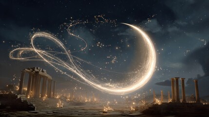 Enchanting nightscape featuring ancient ruins under a celestial light display and starlit sky