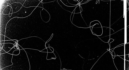 Abstract Film Grain and Scratches: An artistic display featuring intricate scratches and film grain texture against a stark black backdrop, evoking a sense of vintage charm and textured.