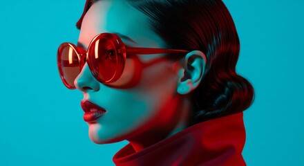 Glamour in Chromatic Lighting: A fashion-forward woman, adorned with striking red glasses, gazes with confidence in a mesmerizing display of vivid red and blue hues.
