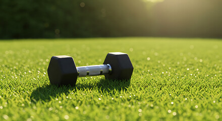 Single dumbbell placed on fresh green grass with natural sunlight, symbol of outdoor fitness and healthy living, clean minimal composition, no humans.