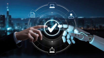AI Collaboration: A human and robot hand touch a check mark surrounded by a technology-based design, representing a symbol of partnership and technological advancement.