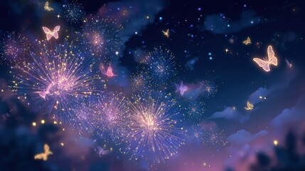 Magical butterflies and fireworks illuminating a starry night sky creating a dreamlike atmosphere