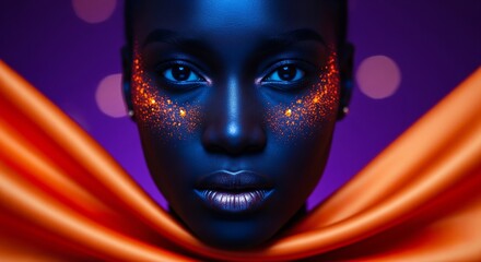 Mystical Portrait: A captivating portrait of a person, their skin illuminated with a striking blue, contrasted by glowing particles and a flowing orange fabric that enhances their elegant presence.