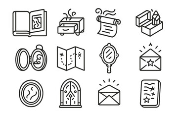 Secret Spell Icons. Line style icons of secret spell storage: hollow book, enchanted drawer, secret scroll tube, crystal box;