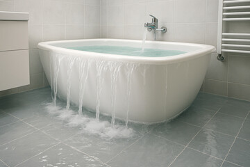 Overflowing bathtub with water pouring onto the bathroom floor. Leak, emergency situation, flooding risk, domestic accident, need for urgent intervention.