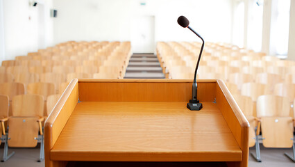 Empty lecture hall with rows of wooden chairs and a podium