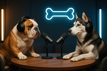 Bulldog and husky wearing headphones recording podcast at round table with microphones. Neon bone sign in background. Modern studio, concept of humor and digital content.