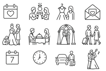 Wedding Timeline Icons. Line style icons of wedding timeline: save the date icon, engagement celebration, dress shopping,