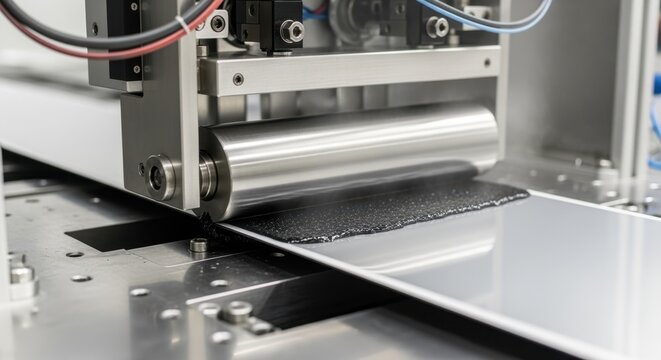 Closeup of electrode coating roller spreading active materials on a battery substrate during solidstate battery manufacturing.