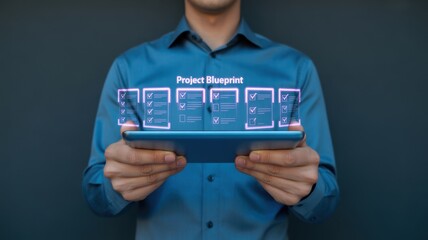Project Blueprint: A person holds a digital tablet displaying a project blueprint, envisioning the fusion of technology and innovation. It depicts a vision of organization and futuristic concept.