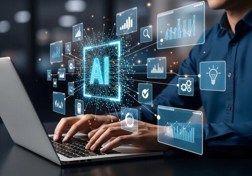 Immersive AI Integration: Hands Typing on Laptop with Holographic AI Interface Displaying Data Visualizations, Glowing Blue Circuit Board "AI" Graphic, and Interactive Document Windows!
