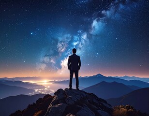 Man on mountaintop gazing at a starry night sky