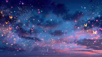 Enchanting celestial butterfly landscape at twilight with dreamy atmosphere and soft pastel tones