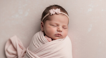 Sleeping newborn baby girl wrapped in pink fabric, wearing a flower headband, against a pale pink background, symbolizing innocence, purity, and new life