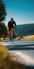 Male cyclist in black sportswear riding a road bike on a countryside road in summer. Active lifestyle and cycling in nature, green hills in the background, vertical composition.