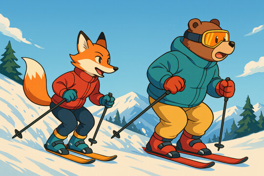 Fox and bear skiing in winter clothes in a cartoon-style illustration.