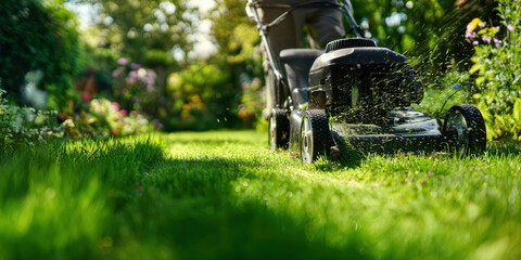 Close-up of lawn mowing with a petrol lawn mower on a sunny day. Green grass flying in the air. Concept of gardening, landscaping, lawn care and outdoor maintenance.