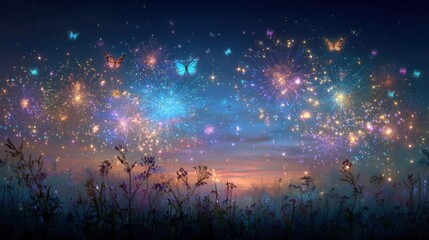 Enchanting Dreamscape: Butterflies and Sparkling Lights Over a Serene Meadow at Dusk