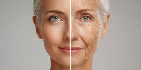 Before and after: woman's face showing visible difference between aging and rejuvenation.