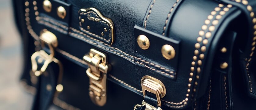 Black leather handbag with gold hardware detailed close up