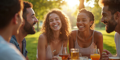 Group of diverse friends enjoy laughing at park picnic on warm summer afternoon. Multi-ethnic people share joy, camaraderie outdoors. Sunlight filters through trees, creating vibrant, welcoming
