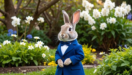 Rabbit in tuxedo, amidst spring blooms