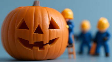 Pumpkin carving crew on the job! Miniature figures bring Halloween spirit. Festive autumn season, cute, halloween, pumpkin carving, holiday project.