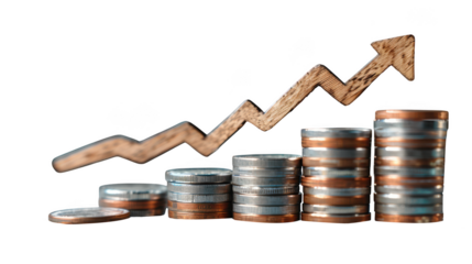 A conceptual image showing stacks of coins forming a rising graph with an upward arrow, symbolizing financial growth, isolated on transparent background