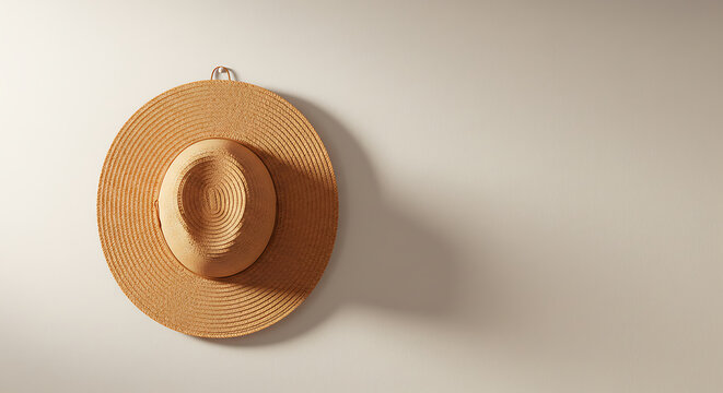Stylish Wide-Brimmed Straw Hat Hanging on a White Wall with Natural Shadow - Powered by Adobe