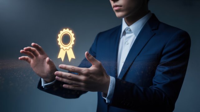 Quality Assurance and Commitment: A sharply dressed figure, bathed in an ethereal glow, holds a symbol of quality assurance. An emblem of dedication and high standards.
