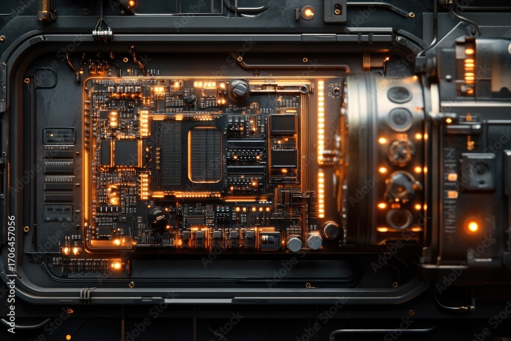 Poster close-up view of a futuristic motherboard with glowing components and intricate design.